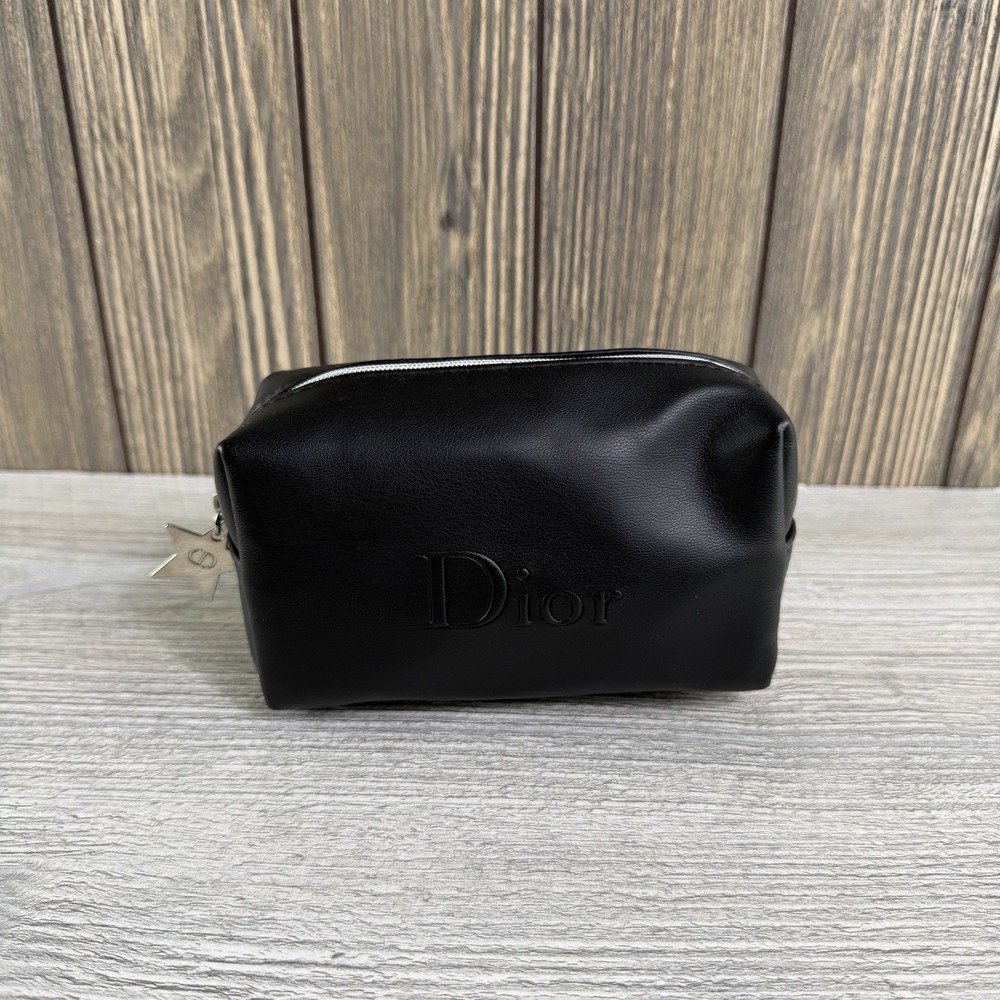 Dior Beauty Black Faux Leather Cosmetic Makeup Bag Star Zip Travel Pouch
